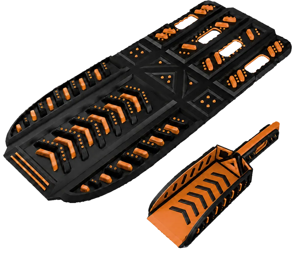 Ways Out flat traction board and folded shovel state product render on a dark background.