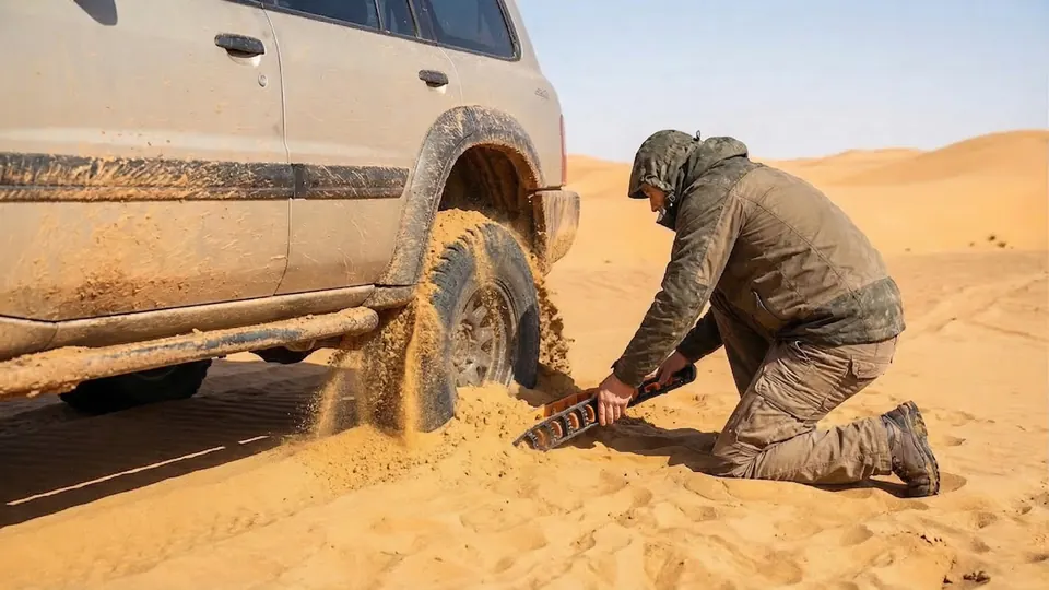 Ways Out used to clear sand around a stuck vehicle.