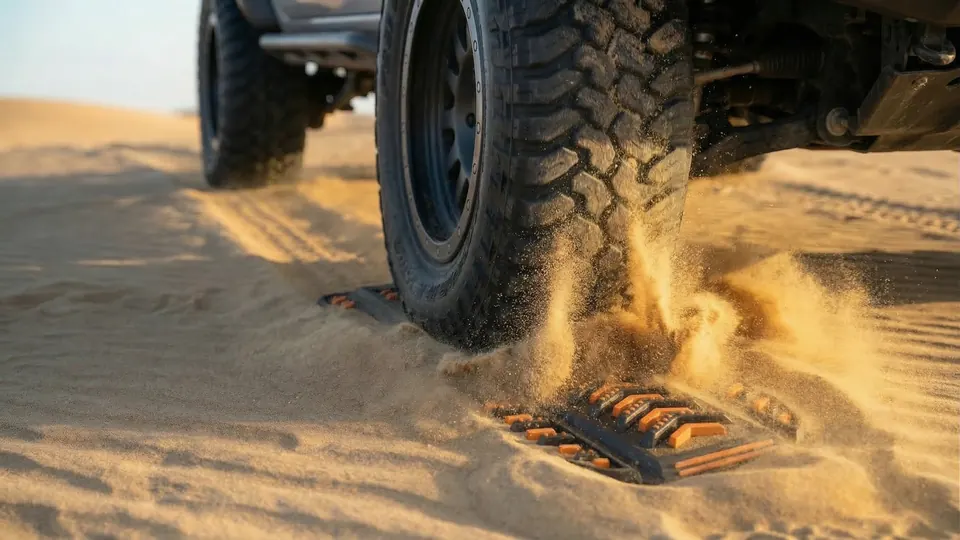 Ways Out traction board under a tire in sand.