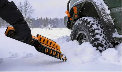 Ways Out used as a shovel to clear snow near a stuck vehicle.