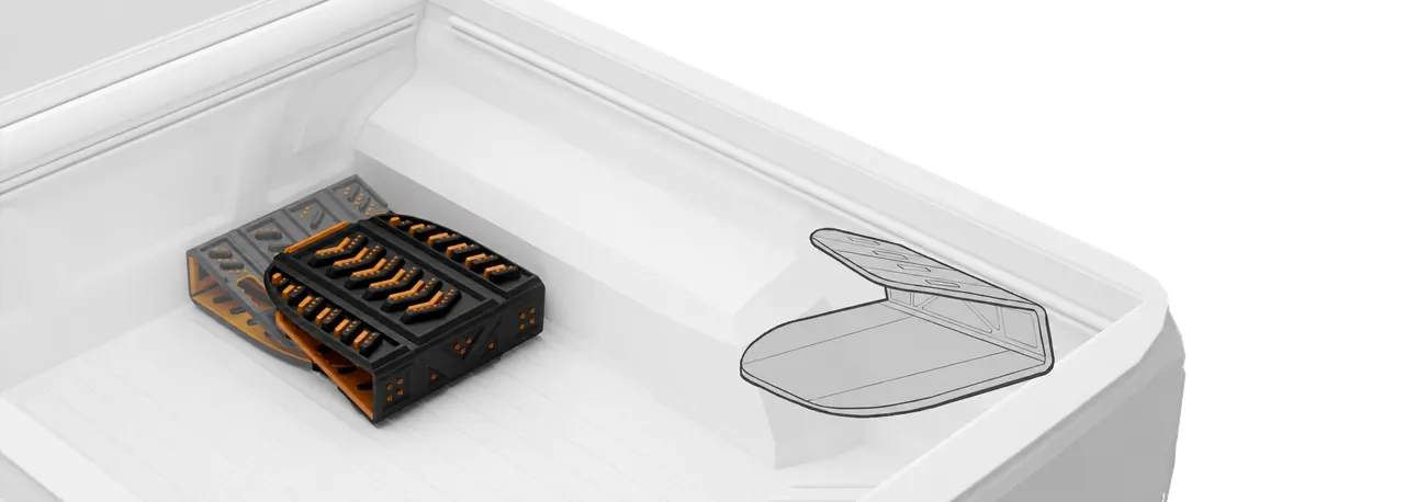 Ways Out folded and stored in a vehicle cargo area with transformation outline.